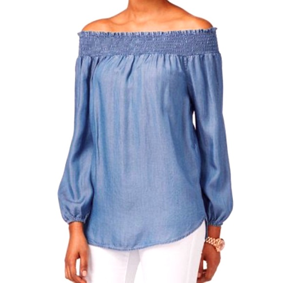 Michael Kors Tops - Michael Kors Women’s Top Chambray Blue Off the Shoulder Smocked Blouse Large